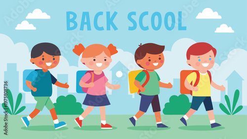 Back to school, kids walking, cartoon children, backpacks, education