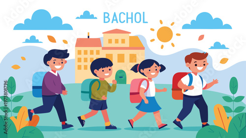 School children, kids walking, backpacks, education, illustration