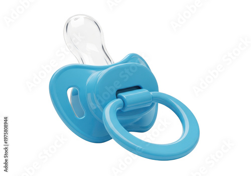 A blue pacifier with a clear nipple and ring handle