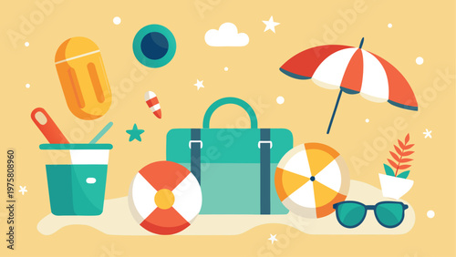 Beach vacation icons, summer accessories, beachwear, colorful illustrations