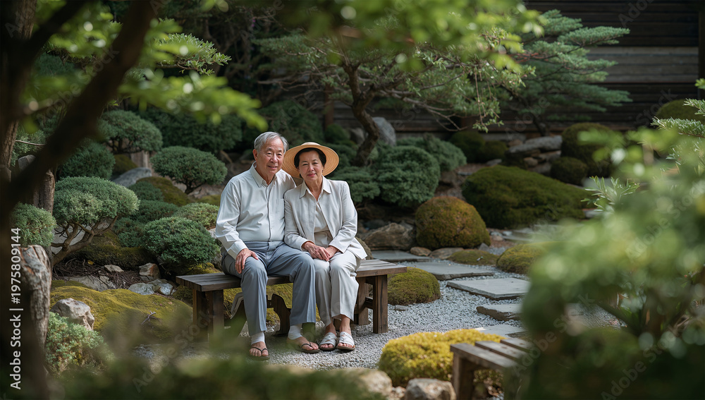 Fototapeta premium 木漏れ日の庭で穏やかな時間を過ごす日本人の高齢夫婦
