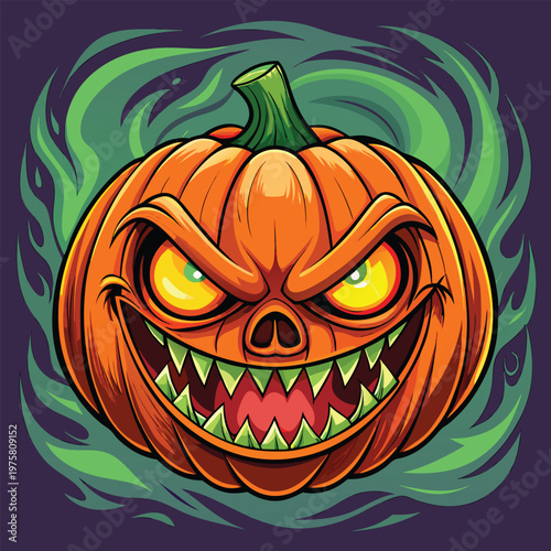 Cartoon jack o lantern with a fierce toothy grin and glowing eyes