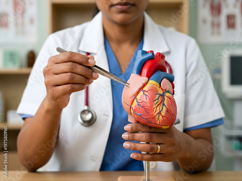 Female physician examining a plastic human heart model with metal tweezers in a professional clinical hospital office environment for medical training