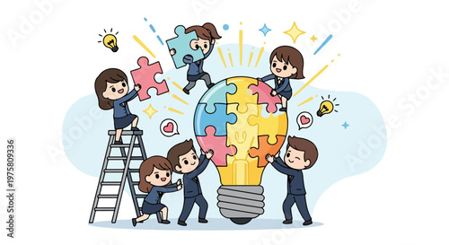Group of diverse children working together to assemble a colorful puzzle around a lightbulb symbolizing teamwork