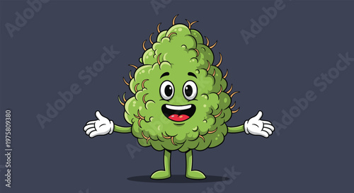 Friendly green marijuana bud character with a happy face and open arms representing the legal cannabis industry.