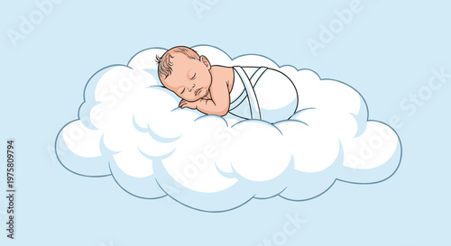 Peaceful newborn baby wrapped in a white blanket and sleeping soundly on a large fluffy white cloud in the sky.