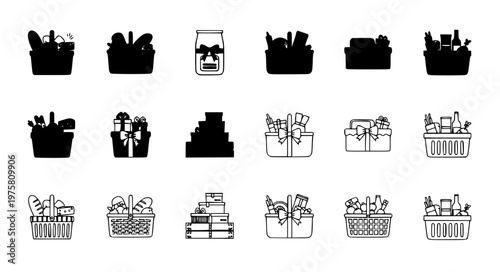 Minimal gift basket grocery hamper vector icon set EPS10 isolated