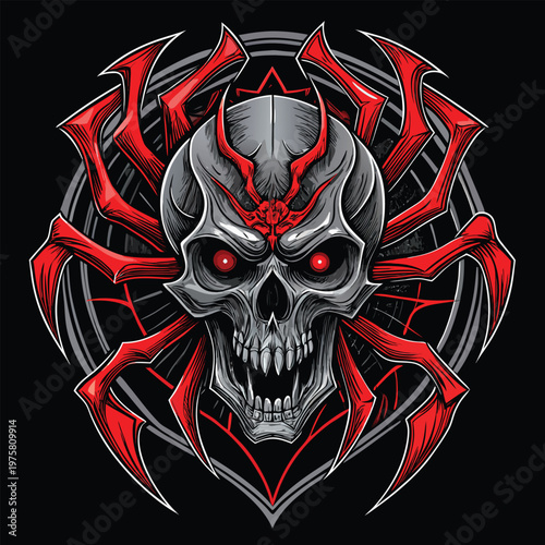 Stylized skull with spider like features and a dark intense aura