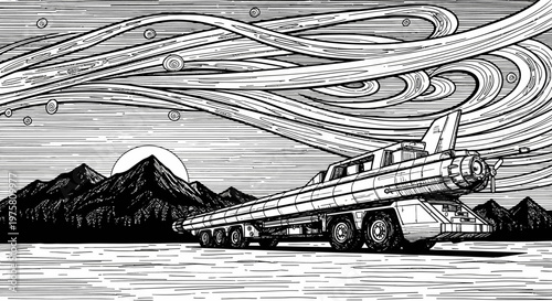 Vintage airplane on a truck against mountain landscape