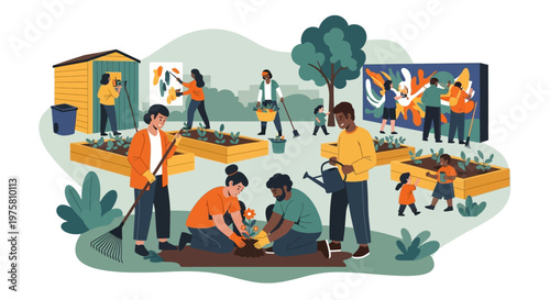 Volunteers planting trees and gardening together in a community park