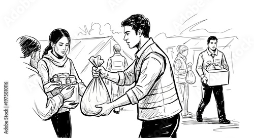 Volunteers distributing food and aid to people in need