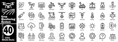 Crop monitoring system editable stock icons for farm tech.