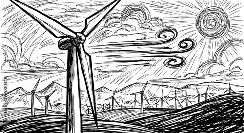 wind turbine in a scenic landscape drawing