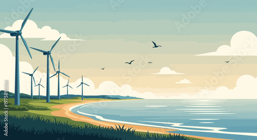 Wind turbines along a serene coastline with birds flying overhead