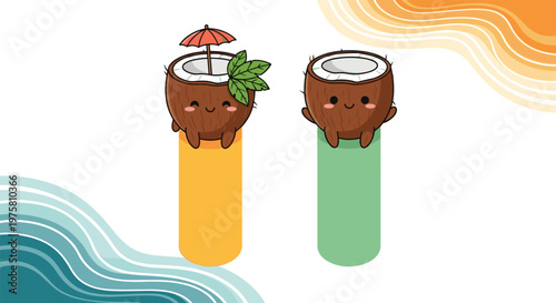 Pair of adorable coconut characters, one with a tropical umbrella and leaf, sitting on orange and green stands.