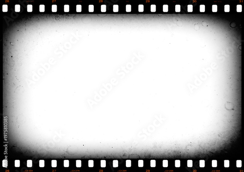 35mm photo film strip and vignette with dust, platters and sprocket holes, A4 aspect ratio page template with transparent background (PNG image)