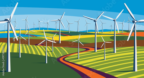 Wind turbines in a colorful landscape