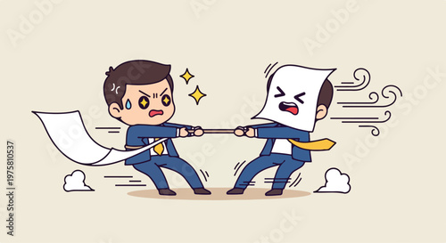 Cartoon characters of a person and a computer monitor engaged in a playful tug-of-war with a rope, illustrating digital