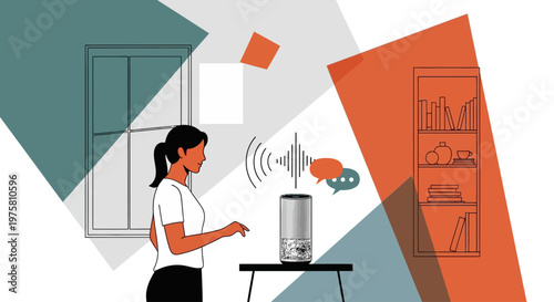 Woman controlling smart home device with voice command