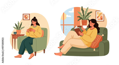 woman sitting on couch and chair reading book