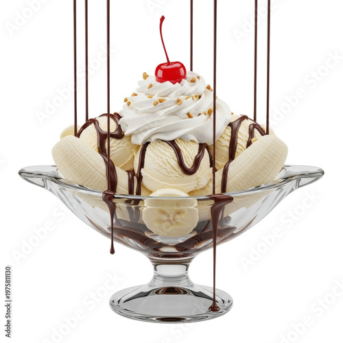 Delicious classic vanilla banana split with rich chocolate sauce drips, whipped cream, nuts, and a cherry