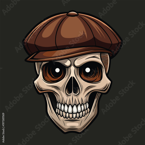 Cartoon skull wearing a brown newsboy cap against a dark background