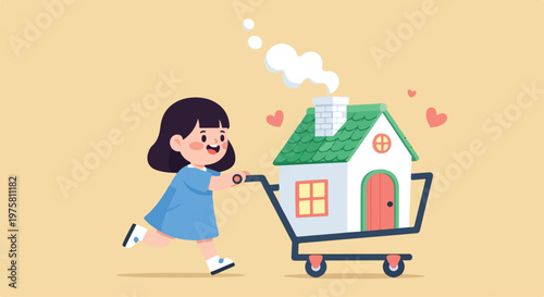 Cute cartoon girl shopping for a new house with a shopping cart filled with a small home model and hearts