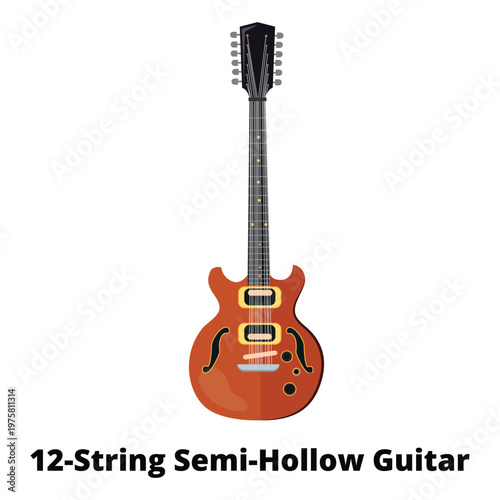 Canvas Print Vintage 12-string semi-hollow body electric guitar vector illustration isolated on white background