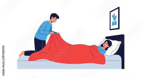 Man caring for a woman in bed by tucking her in with a large red blanket in a cozy bedroom setting with a picture on the wall and a dark bed frame.