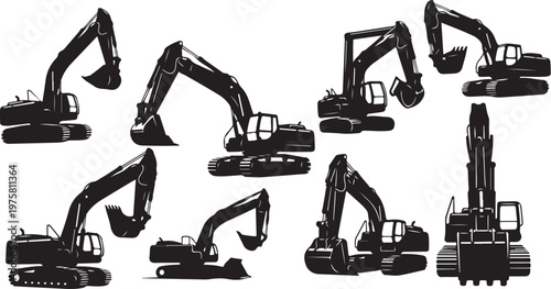 Collection of excavator silhouettes in various positions and settings