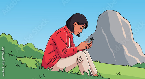 A young woman enjoying a peaceful moment outdoors while using her mobile phone in a serene natural landscape