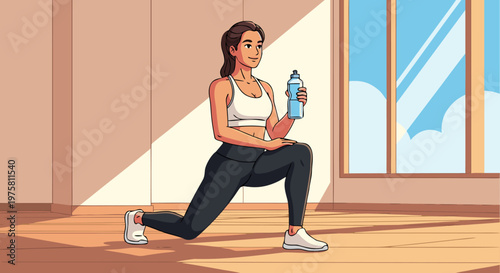 Young woman performing a lunge exercise indoors holding a water bottle for hydration during her workout