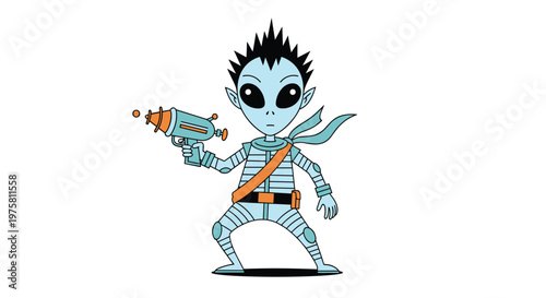 Cartoon blue alien character with spiky black hair and large black eyes holding an orange and blue ray gun in a standing pose on white background.