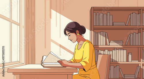 A serene woman engrossed in a book at a sunlit table, surrounded by bookshelves in a library, illustrating a peaceful moment of learning and contemplation
