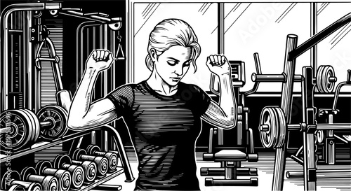 Black and white illustration of a woman performing bicep curls at a gym with weightlifting equipment in the background, fitness training