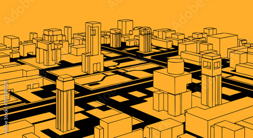 Futuristic Cityscape Illustration with Orange and Black Tones