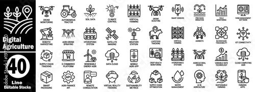 Sustainable digital agriculture line icons for innovative farming solutions.