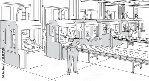Automated factory production line with worker supervising using tablet, illustration of modern industry