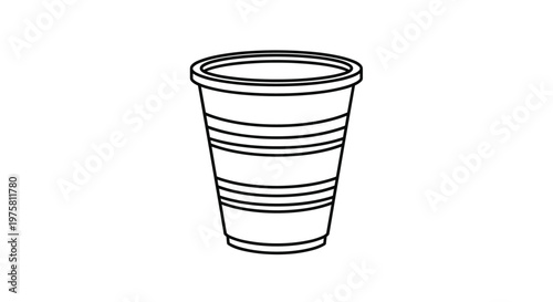 Minimalist black and white line art illustration of a disposable plastic cup with horizontal ridges on its surface against a plain white background.