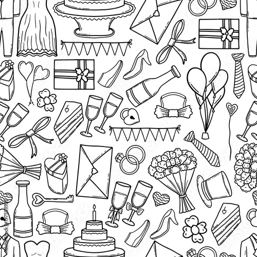 Seamless pattern of hand drawn wedding elements and celebration doodles. Whimsical black and white wedding icons repeatable background for wallpaper and gift wrapping