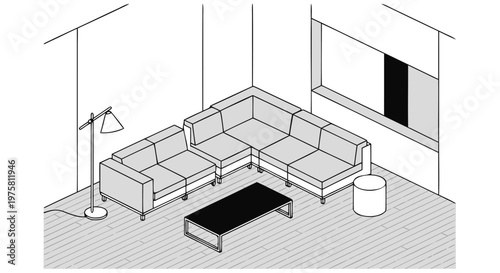 Modern minimalist living room sectional sofa and coffee table line art illustration