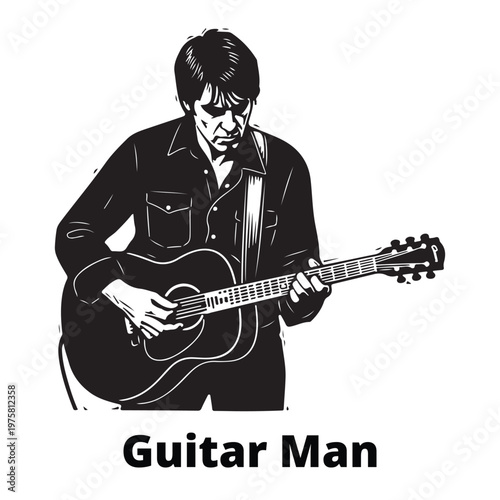 Black and white vector line art of a male musician playing an acoustic guitar. Minimalist illustration of a singer-songwriter or folk artist performing on a white background.