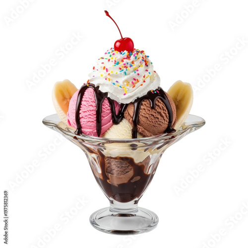 Decadent Banana Split Dessert with Layered Ice Cream, Rich Chocolate Syrup, Whipped Cream, Colorful Sprinkles, and a Cherry on Top