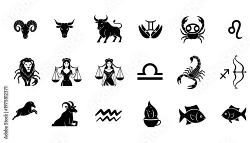 Zodiac Astrology Silhouette Vector Sheet 12 Signs for Horoscope App Design