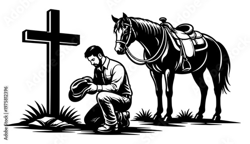 Christian Cowboy Kneeling In Prayer At The Holy Cross With His Faithful Horse, Religious Western Silhouette For Easter And Memorial