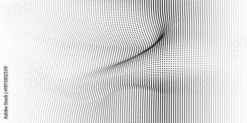Flowing dots particles wave pattern 3D curve halftone black gradient curve shape isolated on white background.
