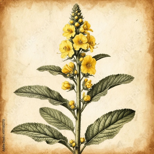 Vintage botanical illustration of Verbascum Mullein flower stalk