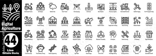 Digital agriculture line icons set for smart farming and agritech industry.