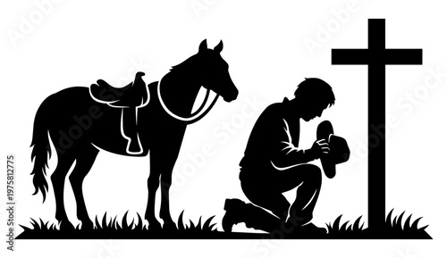 Western Cowboy Silhouette Kneeling At The Cross In Prayer Next To His Saddled Horse, Spiritual Country Life And Faith Based Art