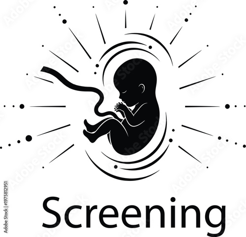 Fetal development illustration with radial lines and 'screening' text